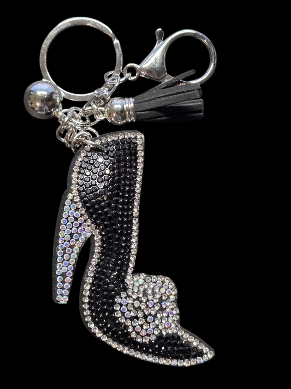 Elegant Black and Silver Rhinestone High Heel Bag Charm Keychain